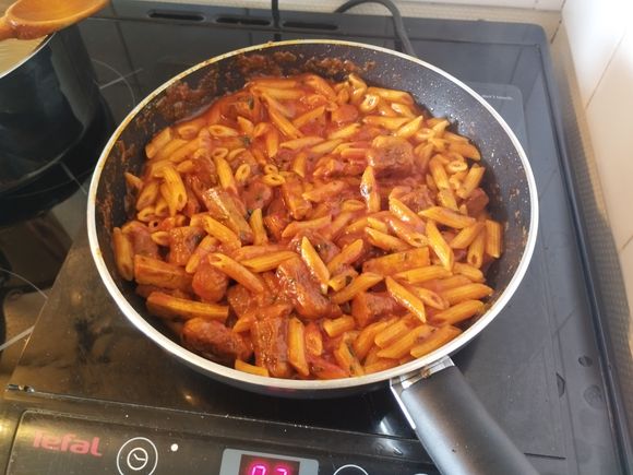 Add some concentrated tomato paste. Depending on the sauce thickness you want, add some of the cooking water or let it reduce for a few minutes.